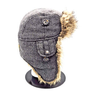 American Eagle Outfitters Trapper Hat Faux Fur Lined Grey Herringbone Sz Medium